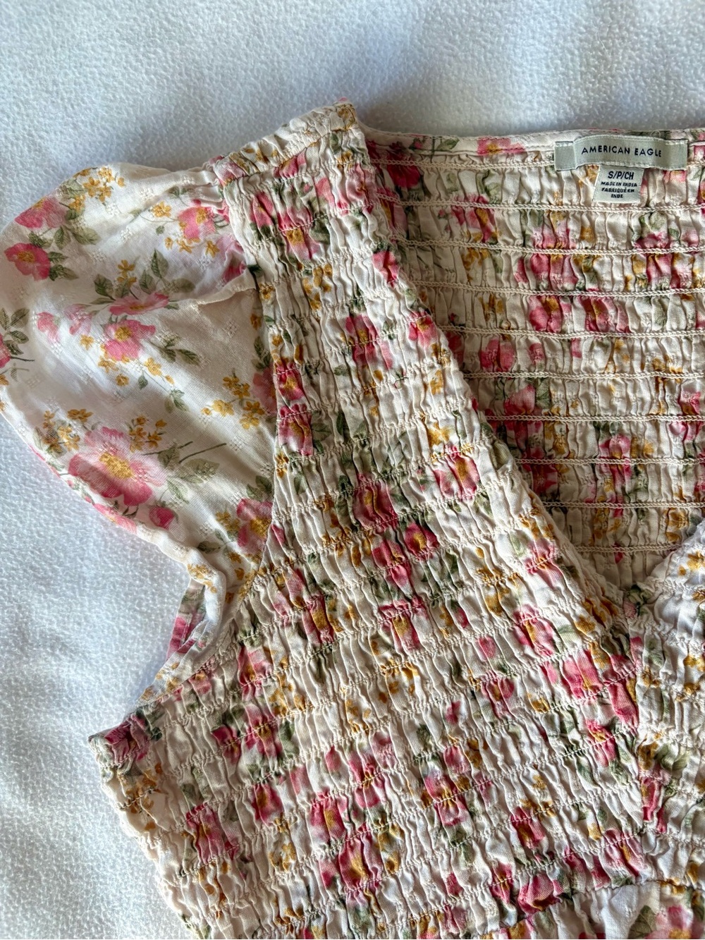 American Eagle Outfitters Pink and Cream Floral Smocked Peplum Top